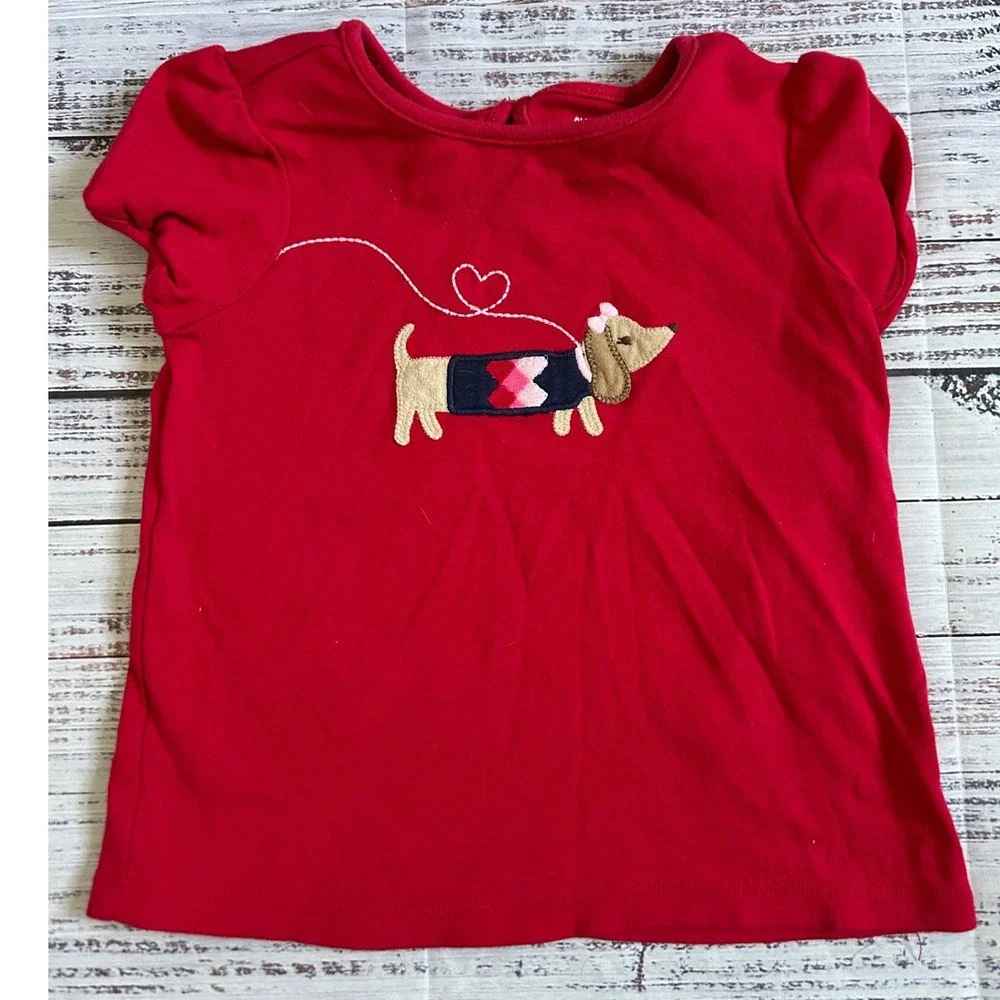 Gymboree T-Shirt Girls Red Dachshund Dog Applique Puff Sleeve 4T